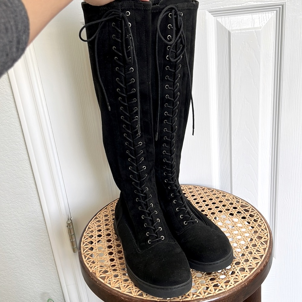 Stuart Weitzman black suede lace up boots